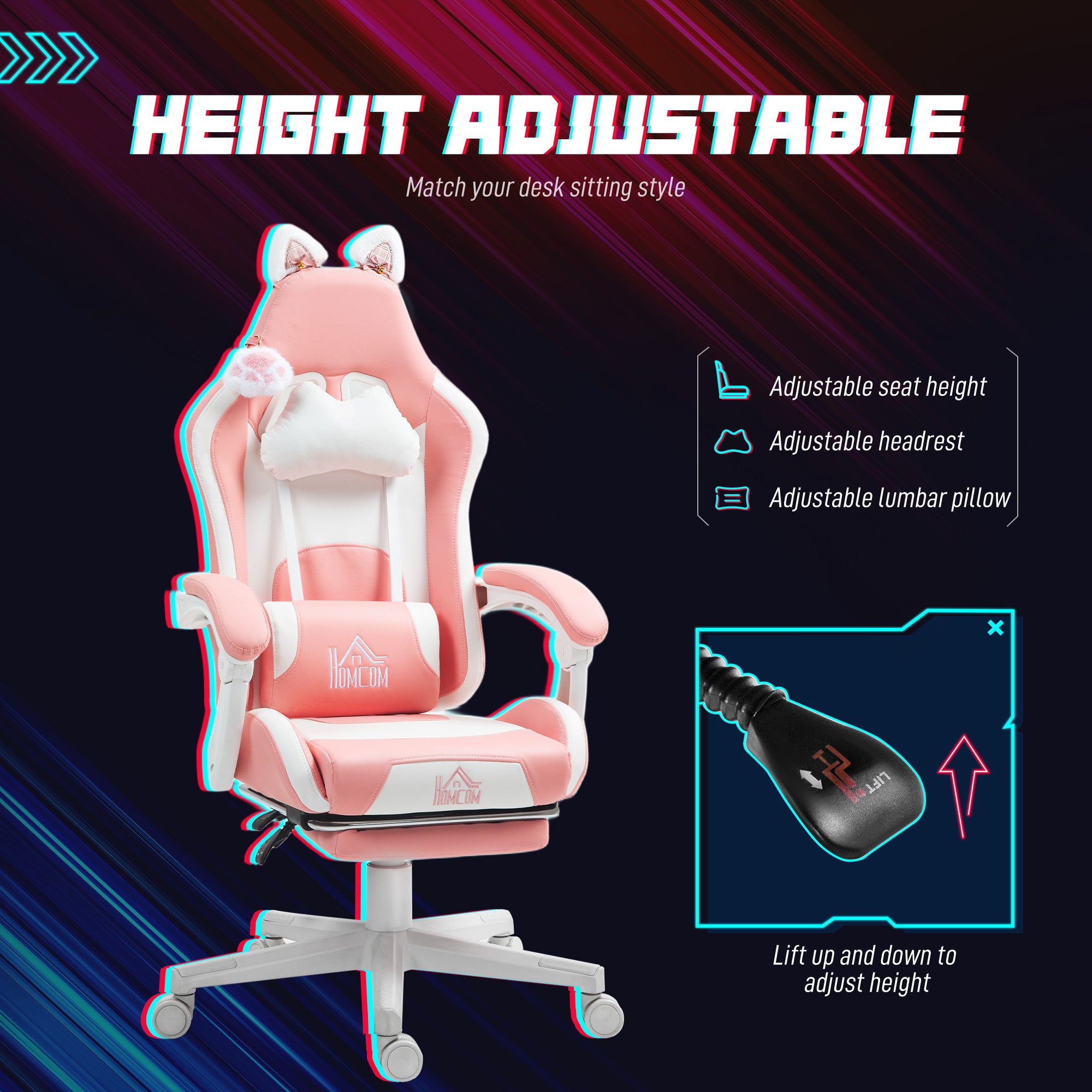 Cute Racing Gamer Chair, Faux Leather Gaming Chair with Footrest, Headrest and Lumbar Support, Pink