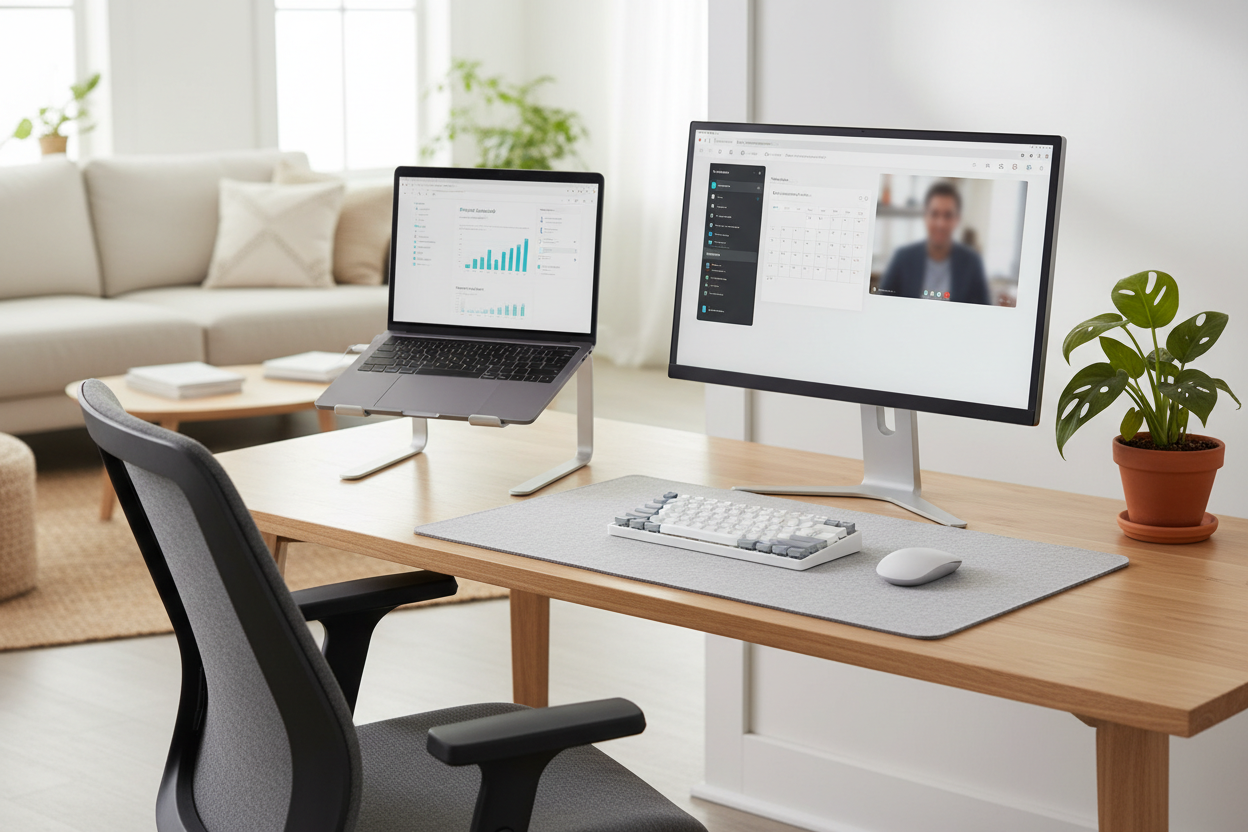 "A cozy, minimalist home office desk setup. The desk is clean, featuring an ergonomic chair, a laptop on a stand, an external monitor, a mechanical keyboard, and a houseplant. The screens display professional, clean user interfaces. The background is a soft-focused, inviting home interior (e.g., a bright living room or study nook). The style is photorealistic, bright, and airy, with a focus on a healthy work-life balance. Use a wide aspect ratio for a website banner."
