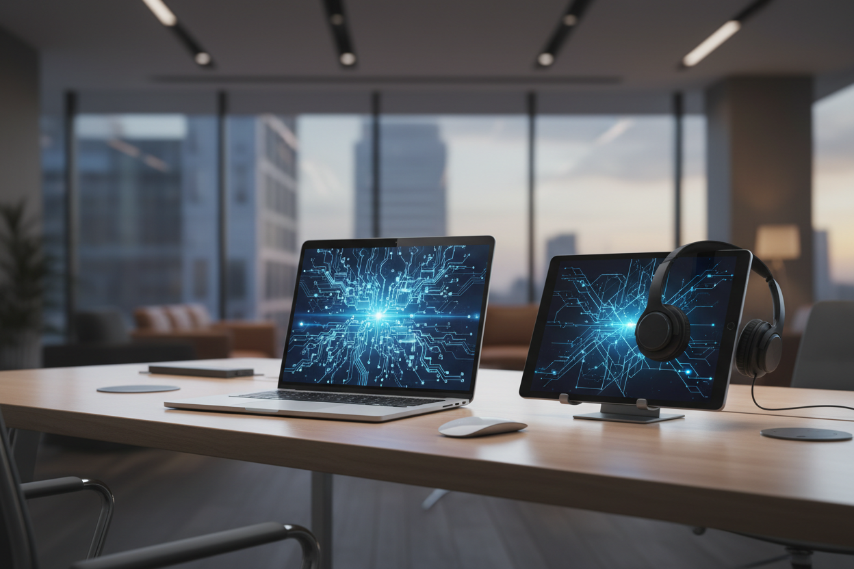 "A sleek, modern office desk setup featuring a silver laptop, a black tablet, and headphones. All screens display glowing blue and white abstract circuit board or geometric network designs. The background is a blurred, professional, contemporary office interior with large windows. The style is hyper-realistic, high-resolution, with a focus on professional aesthetics. Use a wide aspect ratio for a website banner."