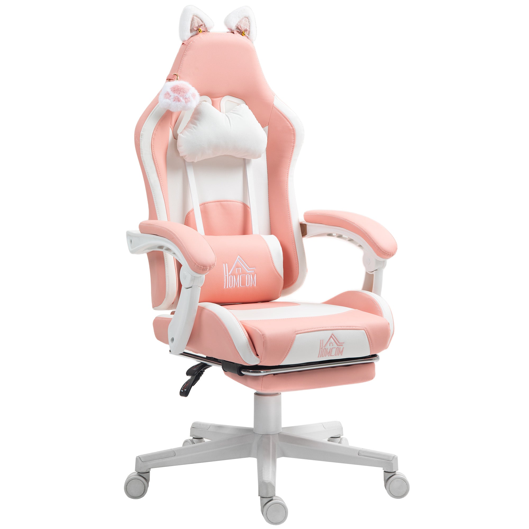 Cute Racing Gamer Chair, Faux Leather Gaming Chair with Footrest, Headrest and Lumbar Support, Pink